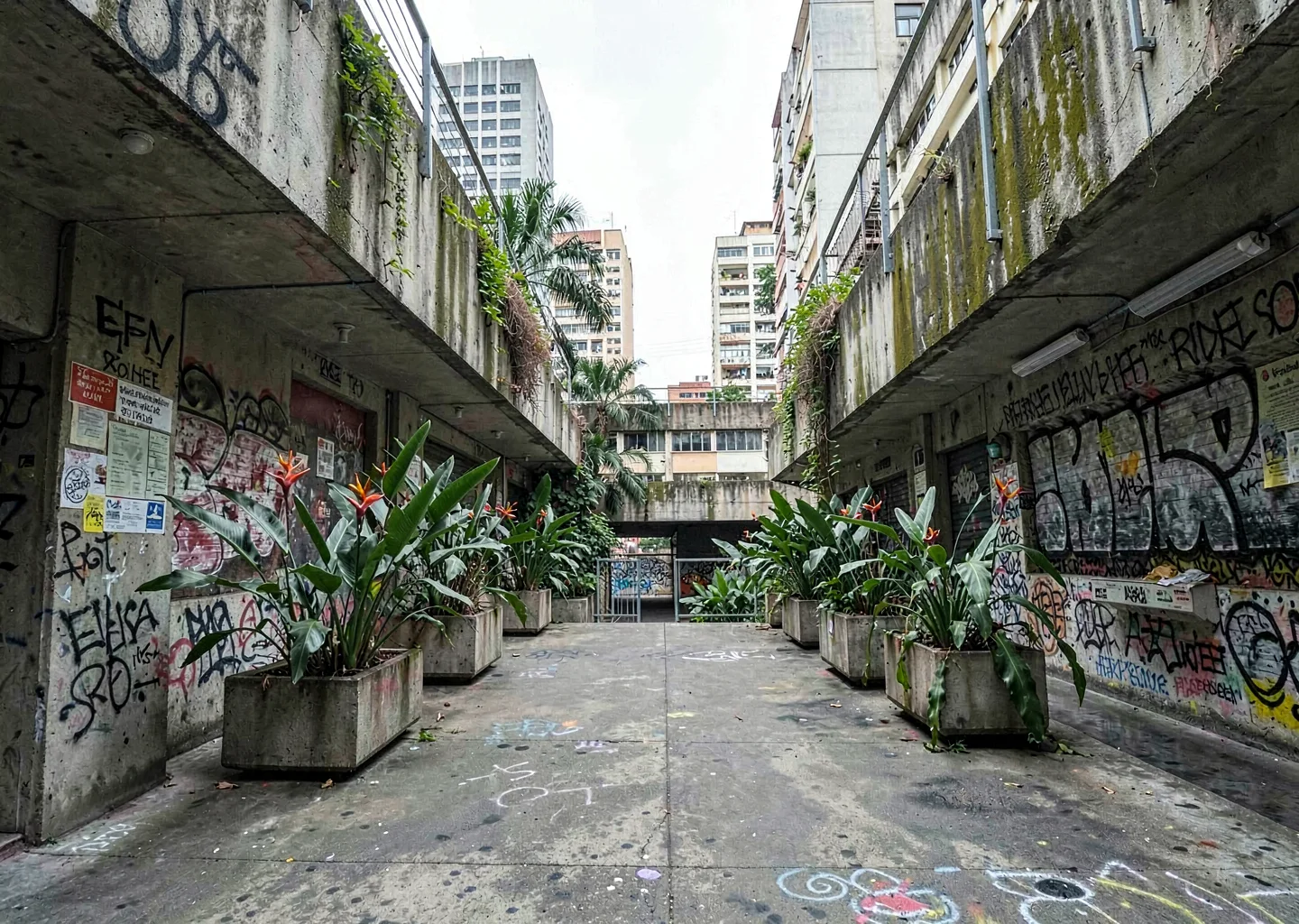 Tropical brutalist São Paulo, Brazil, metro station concrete platform with helic