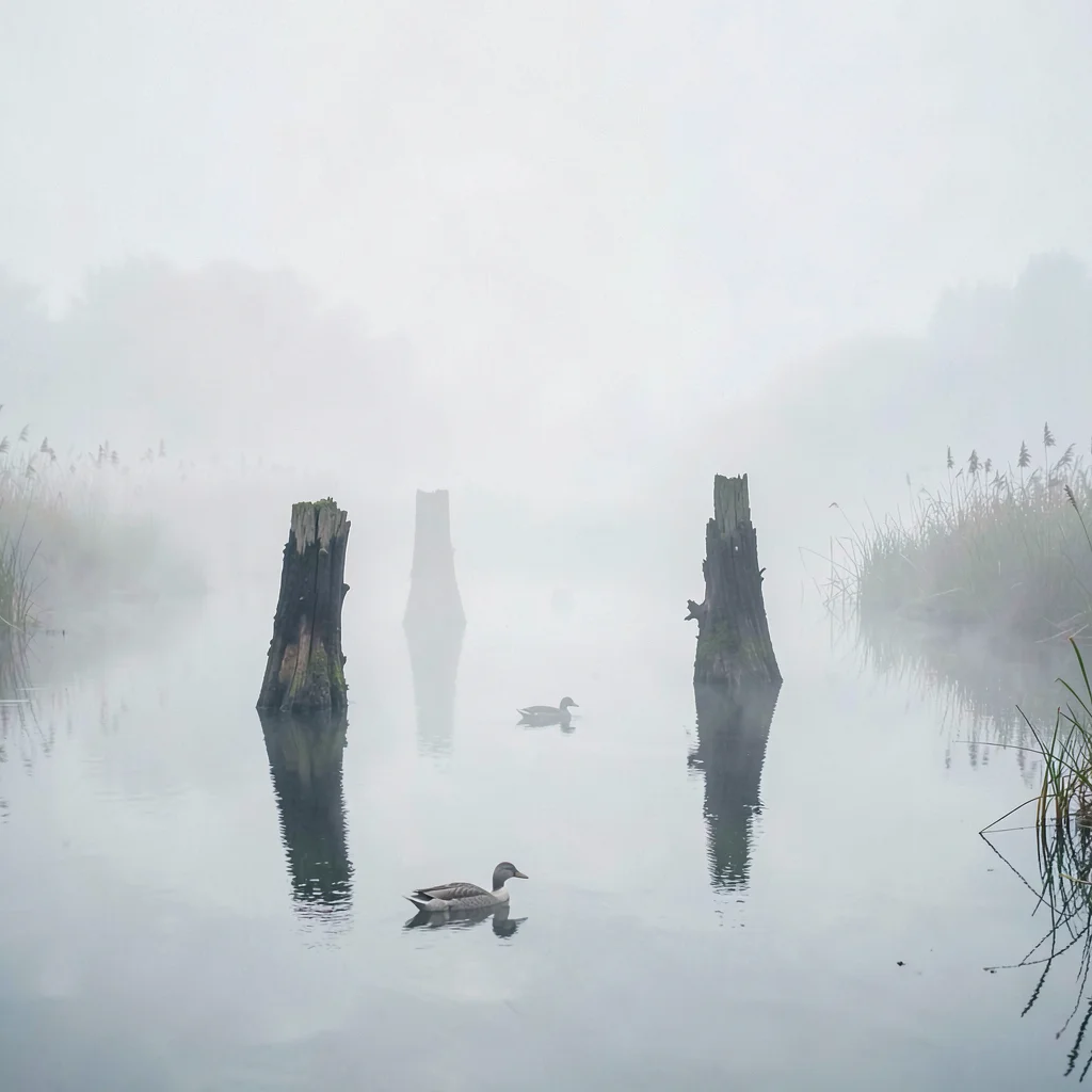 Black willow stumps in still water, a faint duck silhouette the only sign of lif
