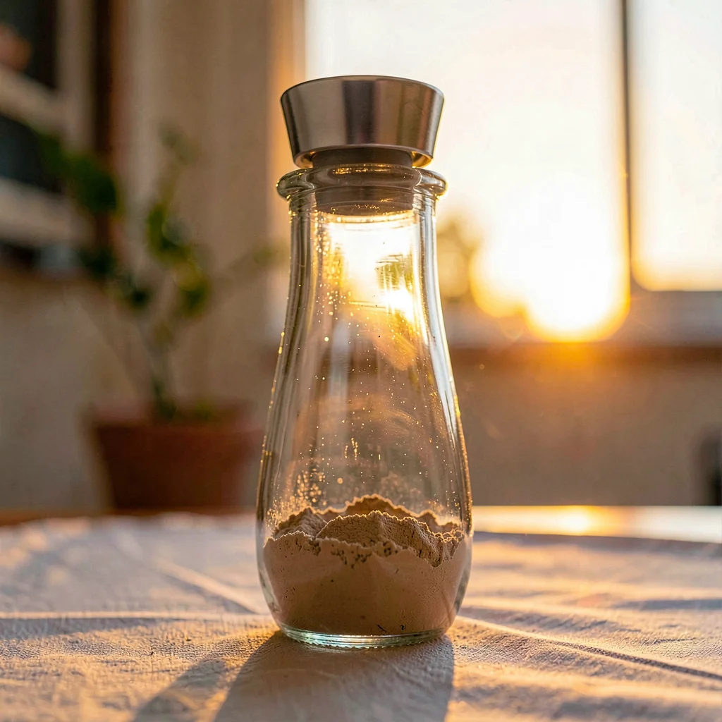 Warm portrait of a glass shaker bottle catching golden sunset light, tan powder 