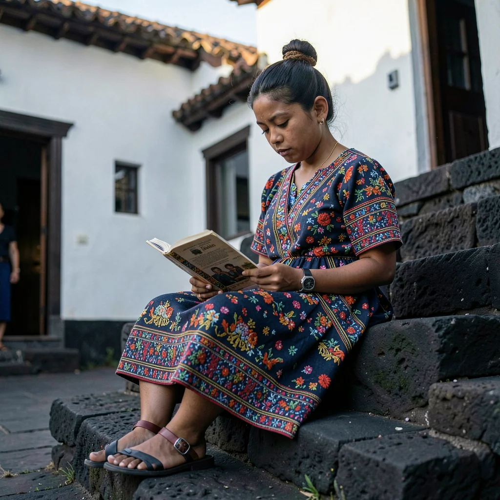 Documentary photograph with Guatemalan highland aesthetic, Girl in traditional h