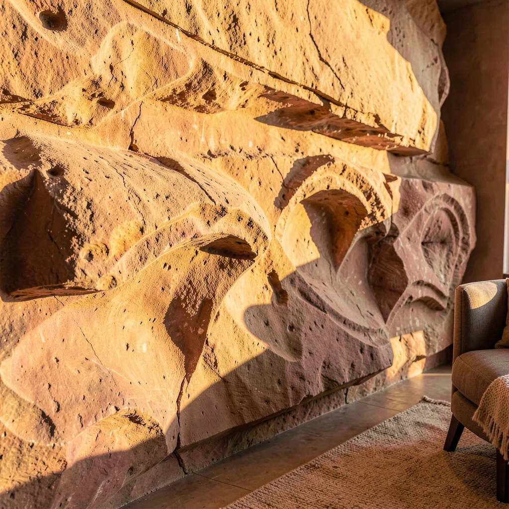 Warm desert-toned photograph, Carved rose sandstone wall detail catching golden 