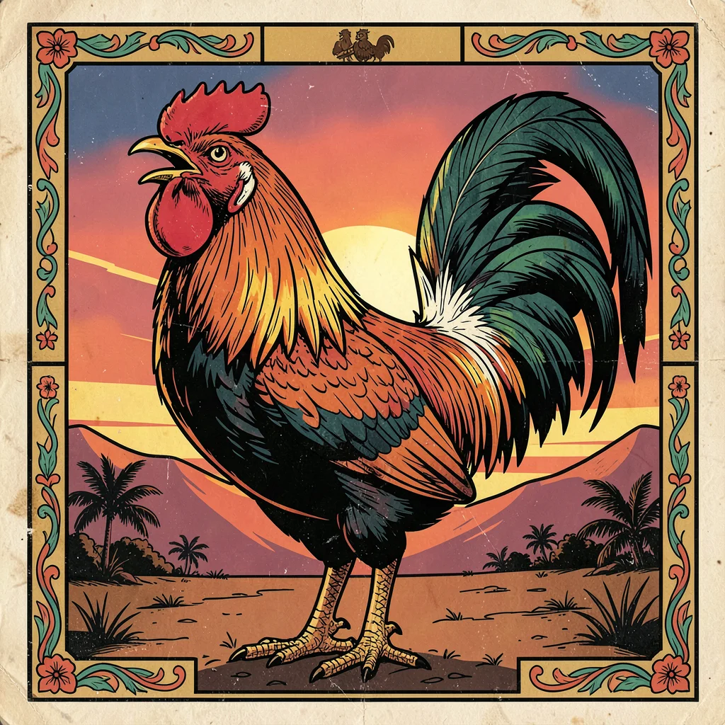 Mexican lotería card illustration, a proud rooster with magnificent tail feather
