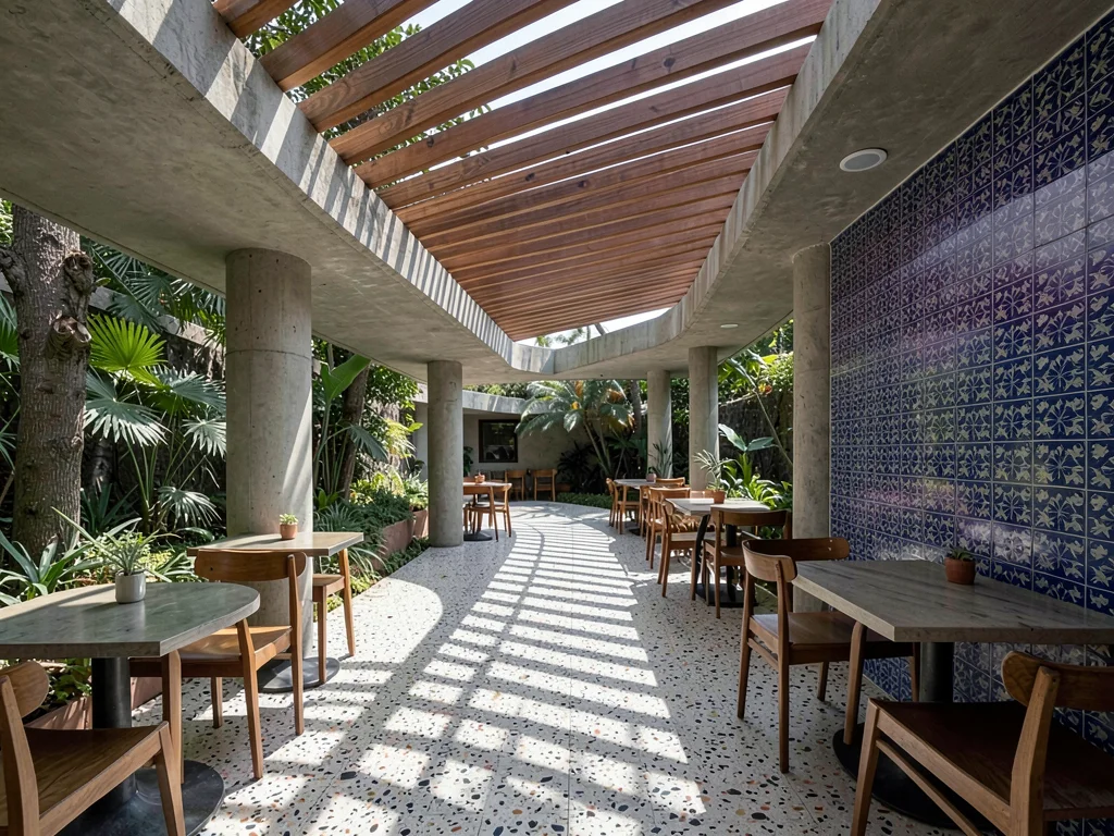 Covered outdoor dining pavilion — light filtering through brise-soleil, dappled 