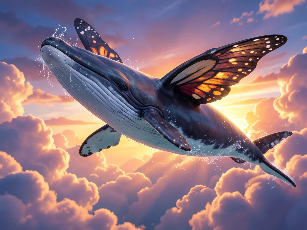 Whale with butterfly wings, swimming through sky clouds, enormous scale, sunset