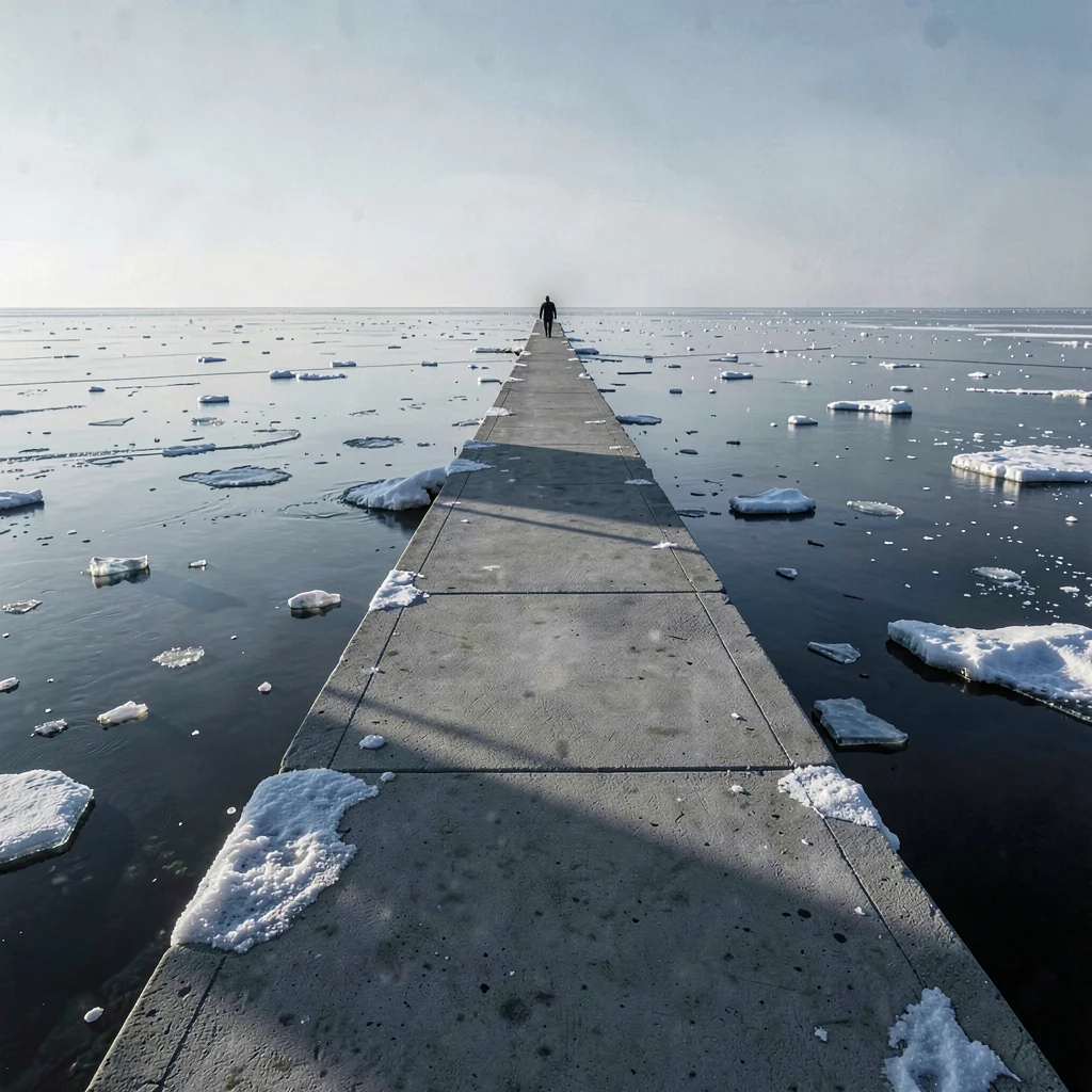 Stark Baltic minimalism, contemplative mood, Long concrete pier extending into f