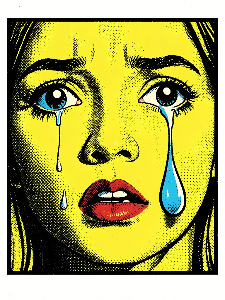 Close-up crying face — flat yellow skin, halftone shadow dots, single oversized 