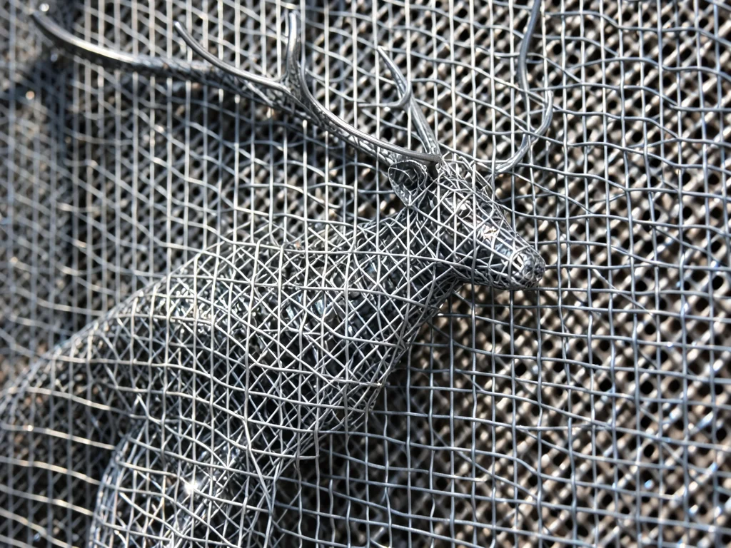 Wire mesh reindeer sculpture, fine gauge, holiday display, shadow play