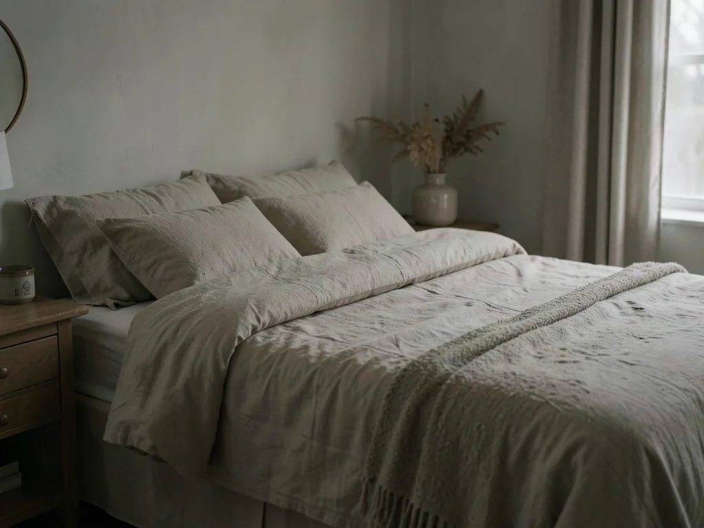 Linen bedding in bedroom