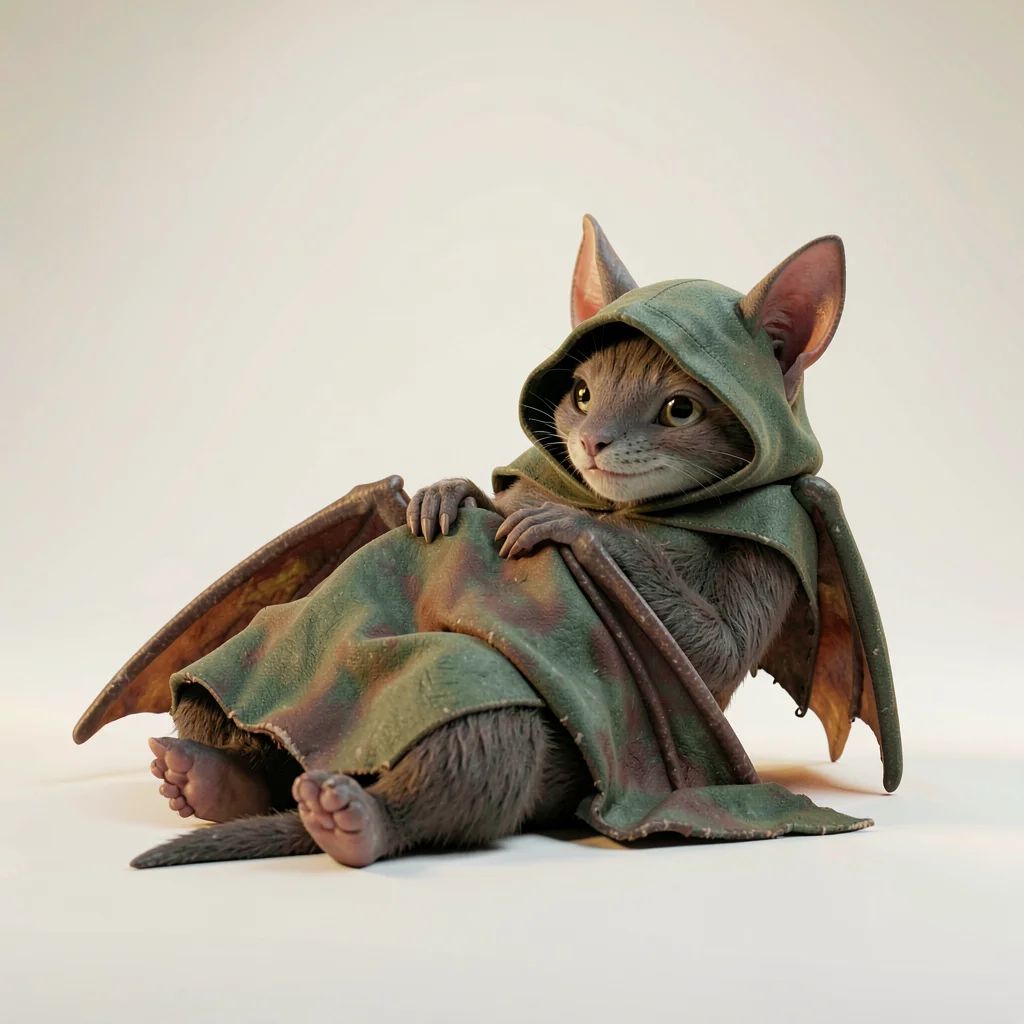 A hooded bat-scholar reclining with leathery wings folded neatly across chest li