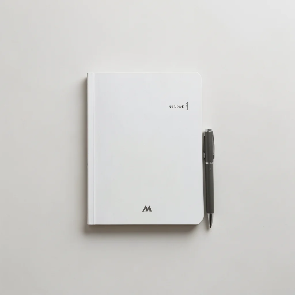 Notebook and pen set on a clean desk, minimal branding, overhead flat lay