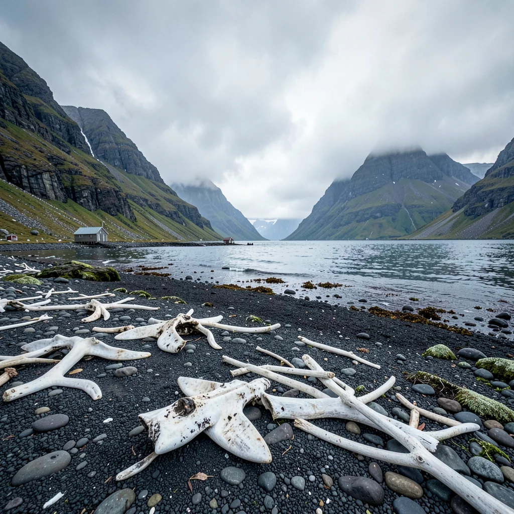 Icelandic isolation, Westfjords remoteness, Whale bones scattered on shore, blea