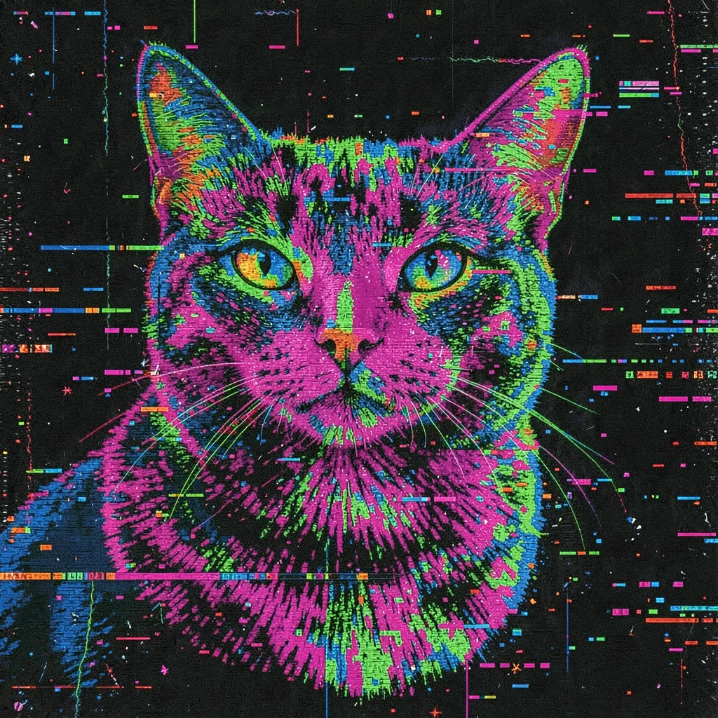 Glitch art illustration, cat corrupted into RGB channels , digital corruption ar