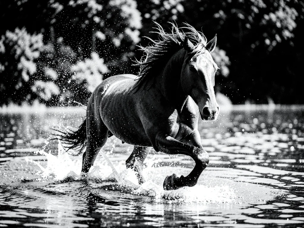 A horse running through shallow water, mane flying, spray frozen mid-air, strong