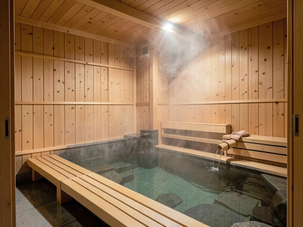 Japanese onsen bath house with Scandinavian sauna design, birch and cedar, steam