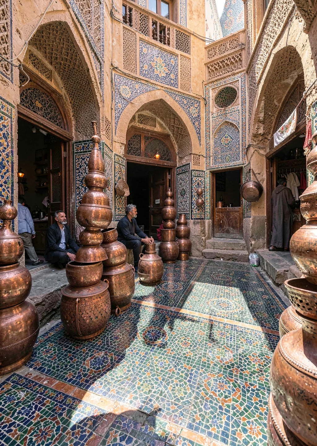 Geometric shadow play in Marrakech medina, copper vessels stacked in souk, cylin