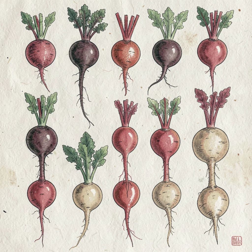 Grid of root vegetables — beets, radishes, turnips — arranged on undyed paper