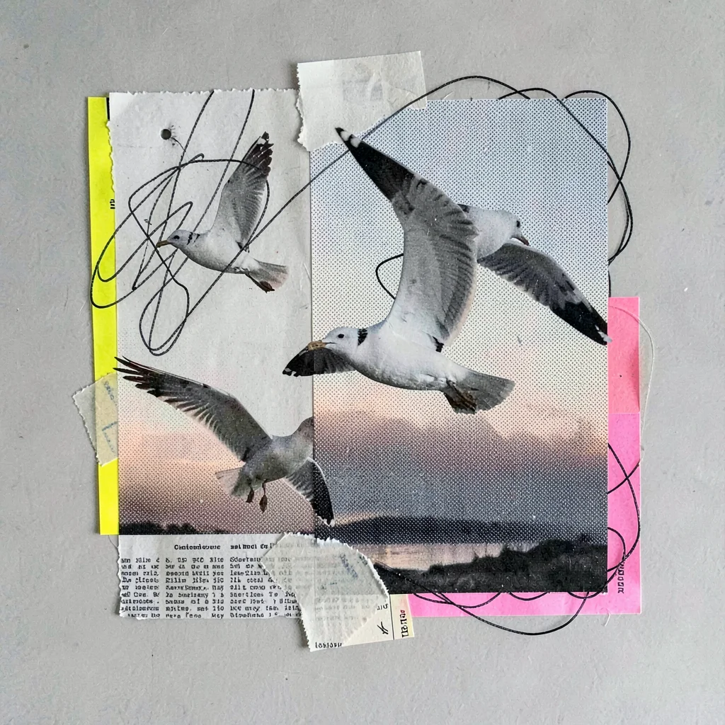 Cut-paper collage of three gulls drifting across a halftone dawn sky, deep ink-l