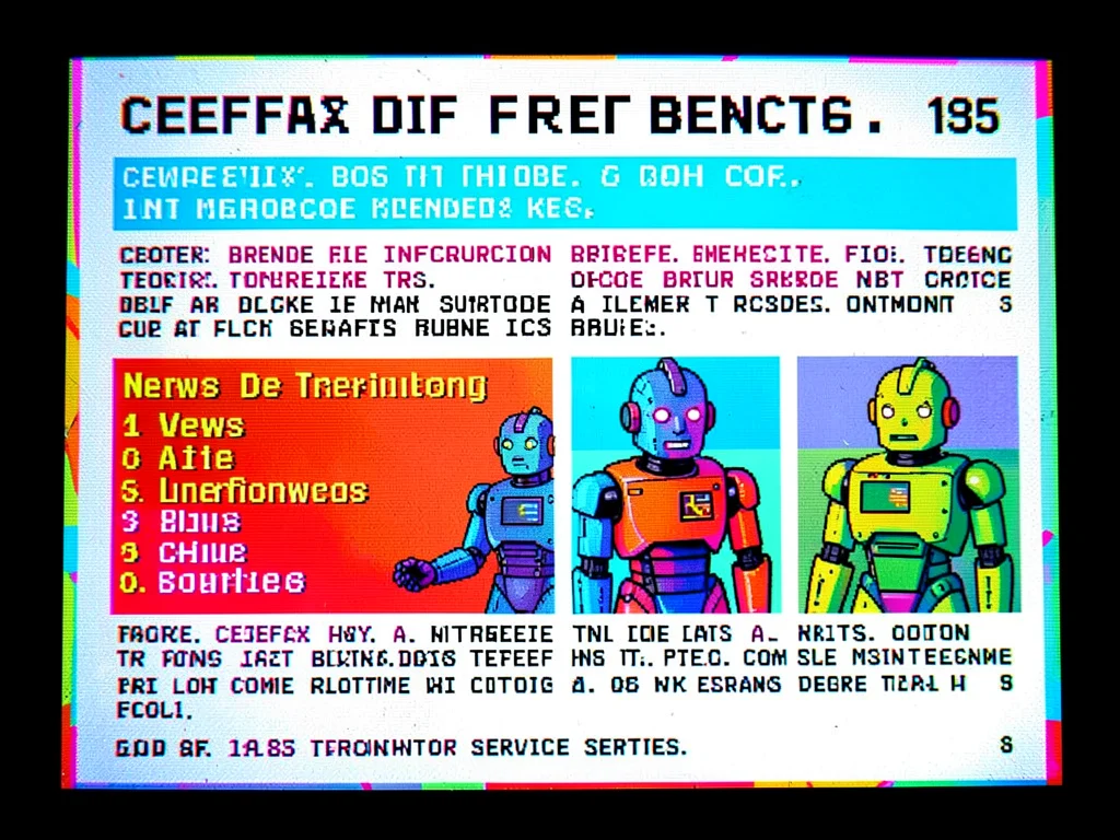News about AI rendered as 1985 Ceefax news page, robot illustration in 8 colors