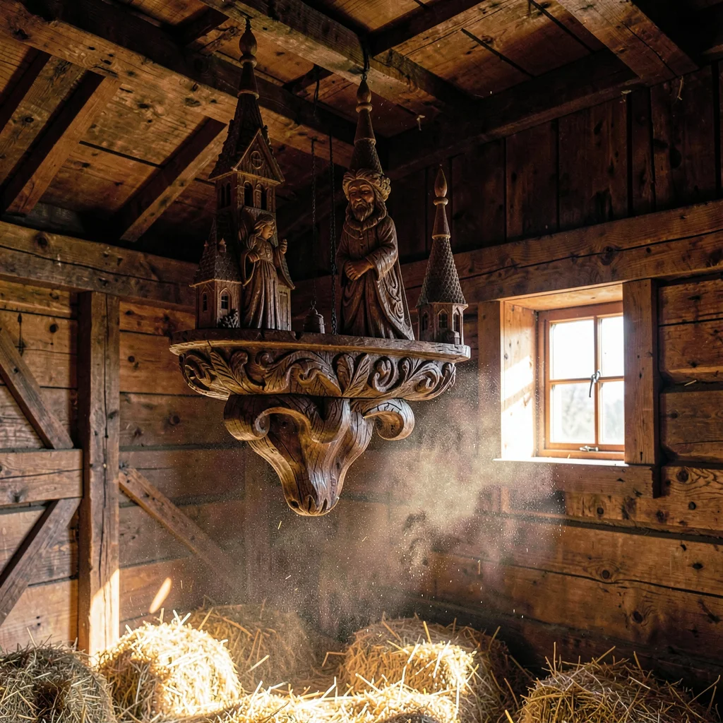 Maramures wooden craft, hand-carved church detail, Wooden barn interior, hay dus