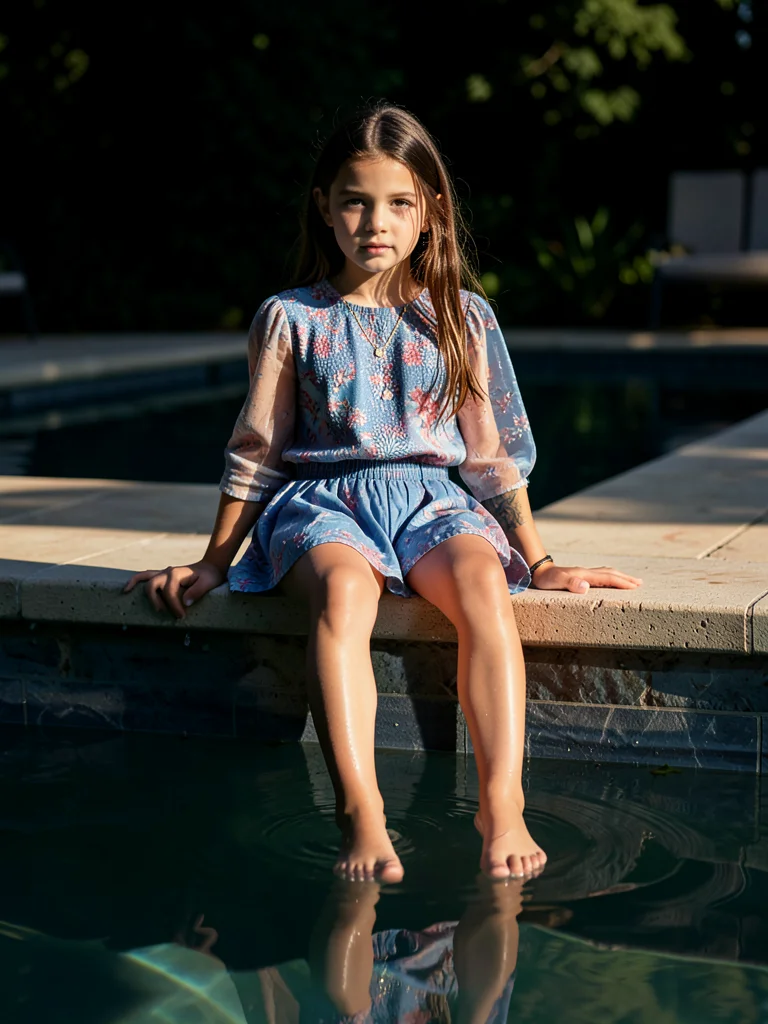 Child sitting on pool edge dangling feet in water, summer afternoon