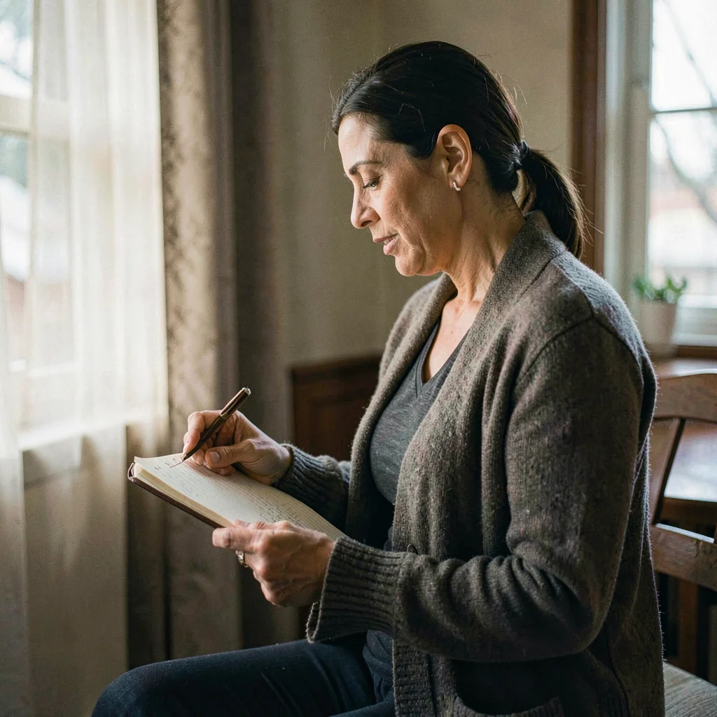 Side-light portrait of a doula in a long cardigan reading from a notebook, finge