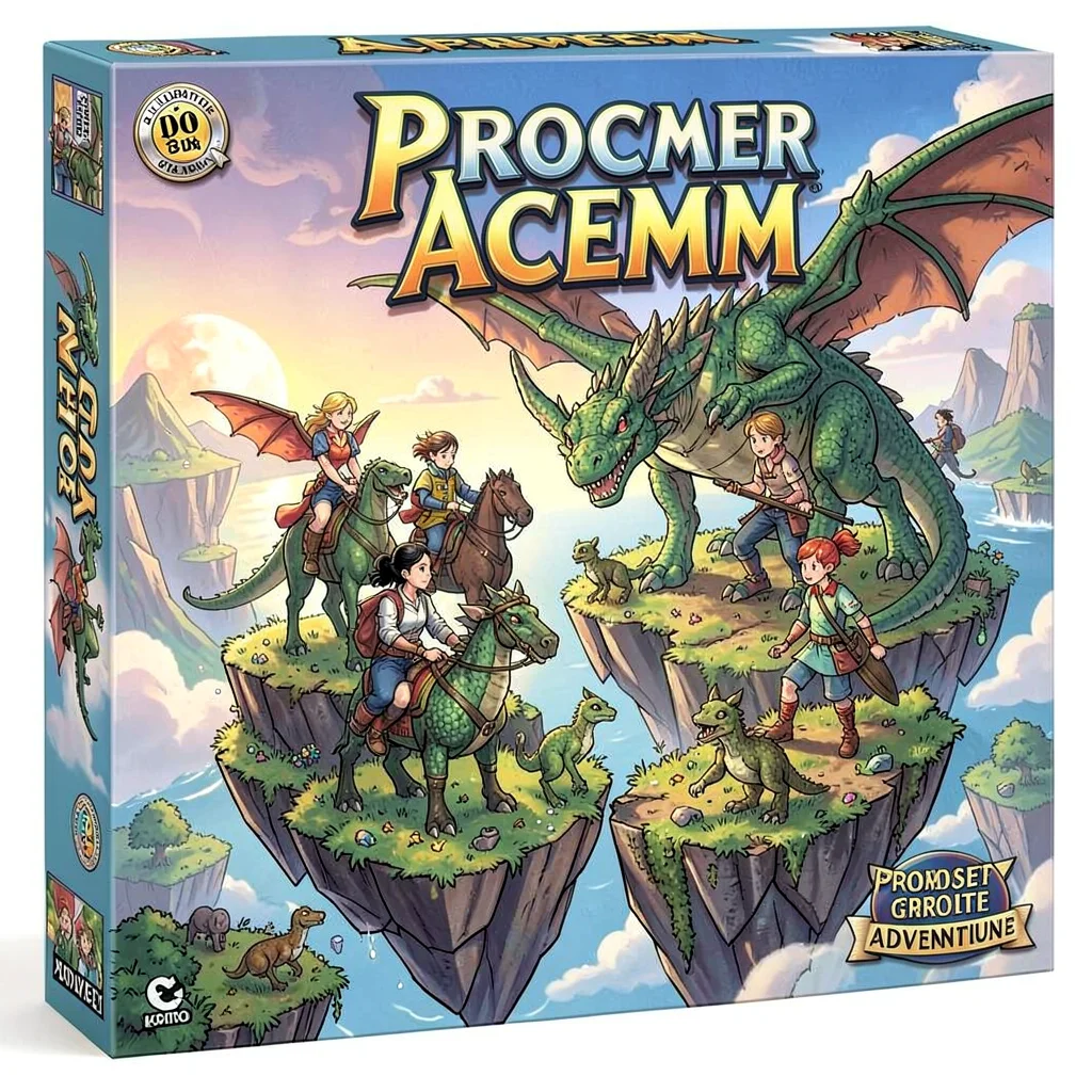 Board game box illustration, a dragon-rider academy on floating islands, young r