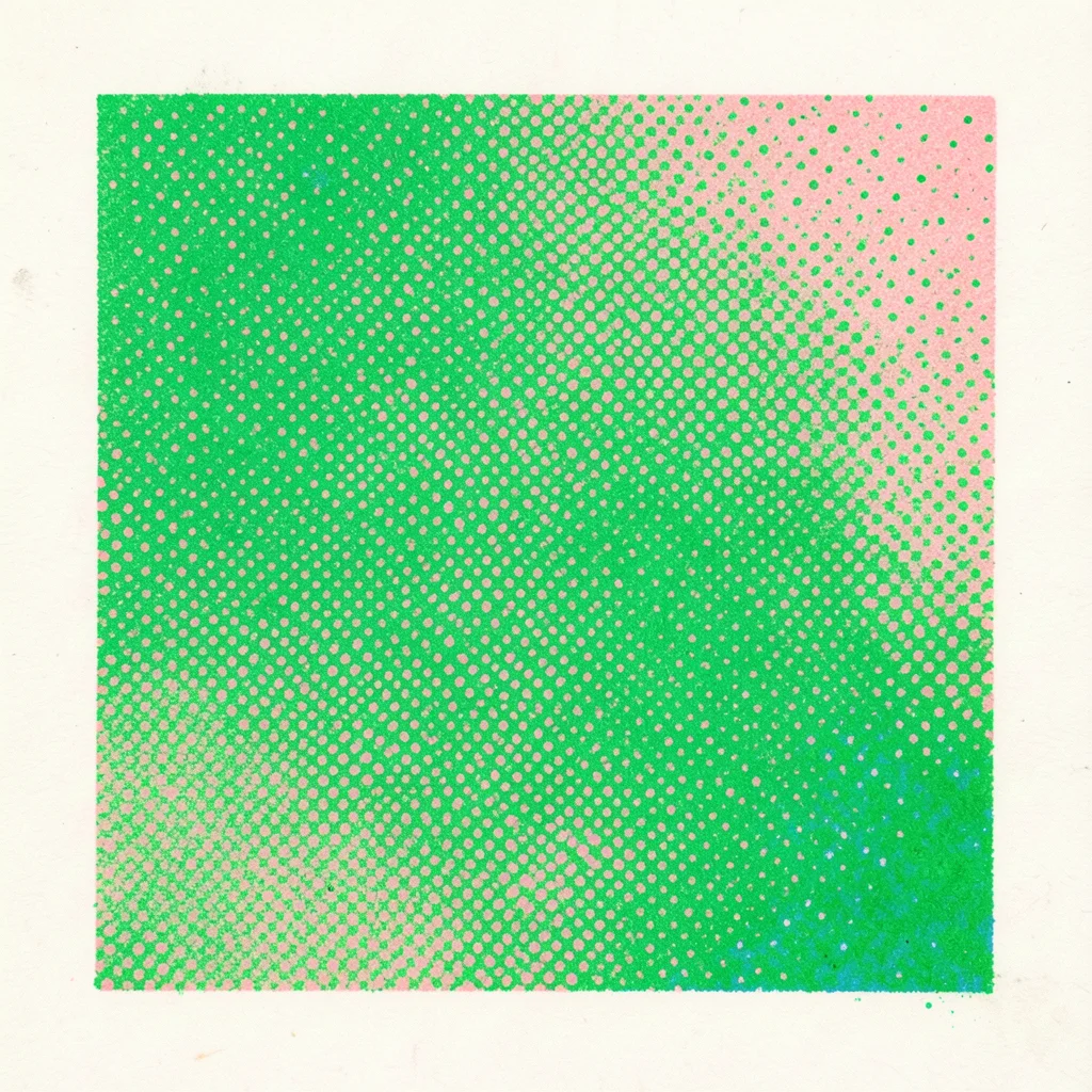 Risograph stipple field, hand-drawn dots reproduced in bright green, organic poi