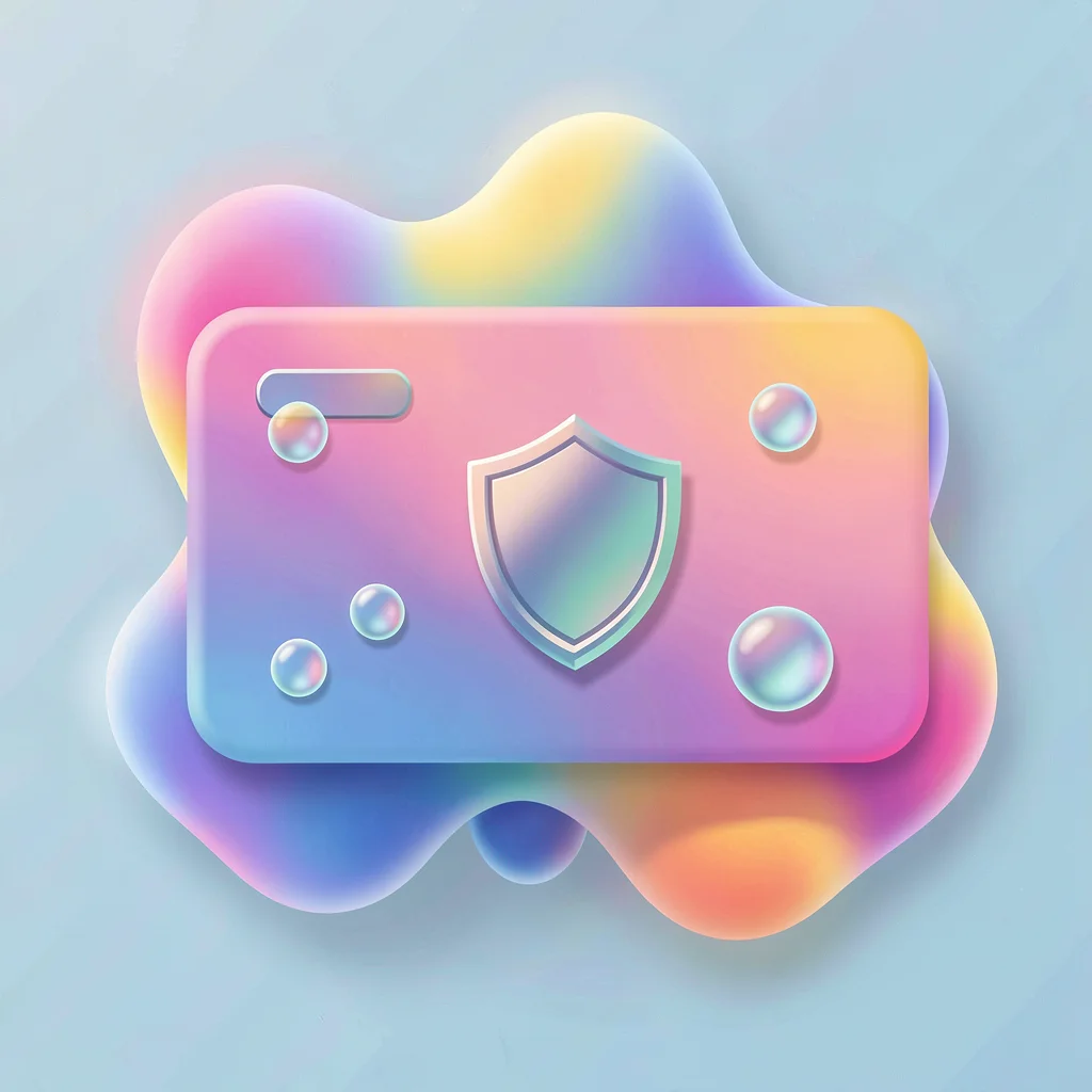 Organic blob gradient illustration, credit card with security shield bubbles , s