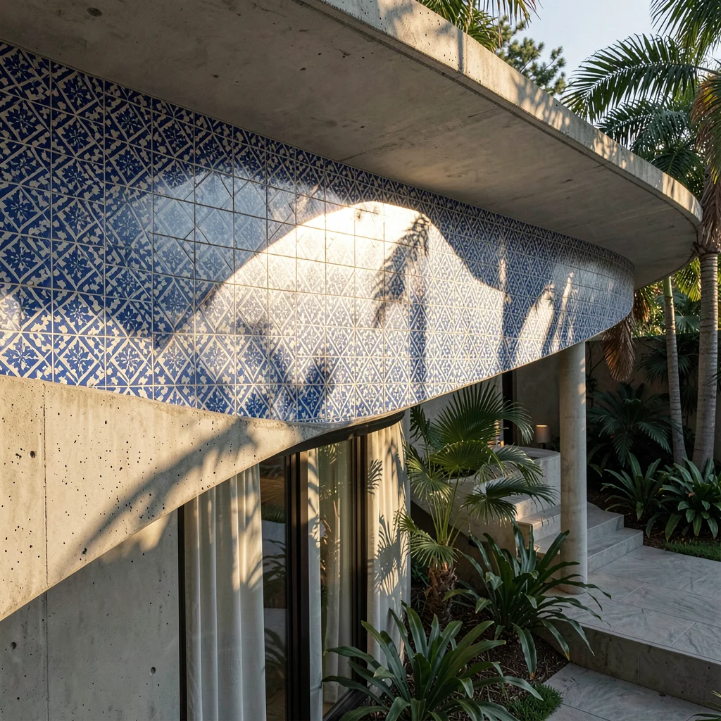 Close-up of azulejo tile façade — blue and white geometric diamond pattern, late