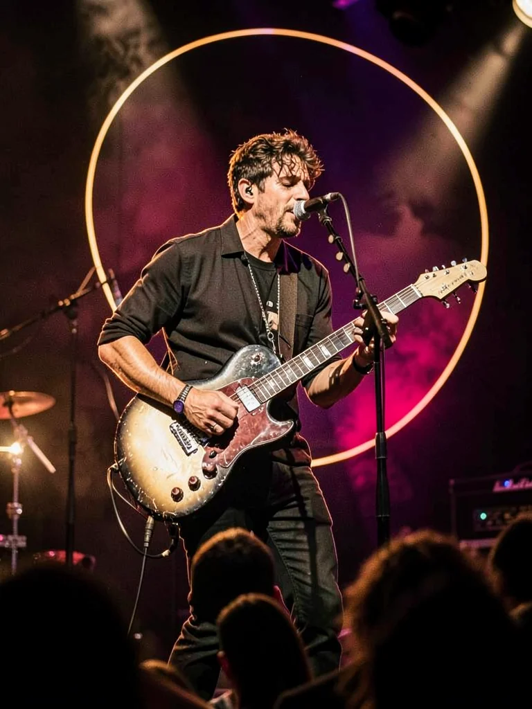 Guitarist on stage, rim outlining figure