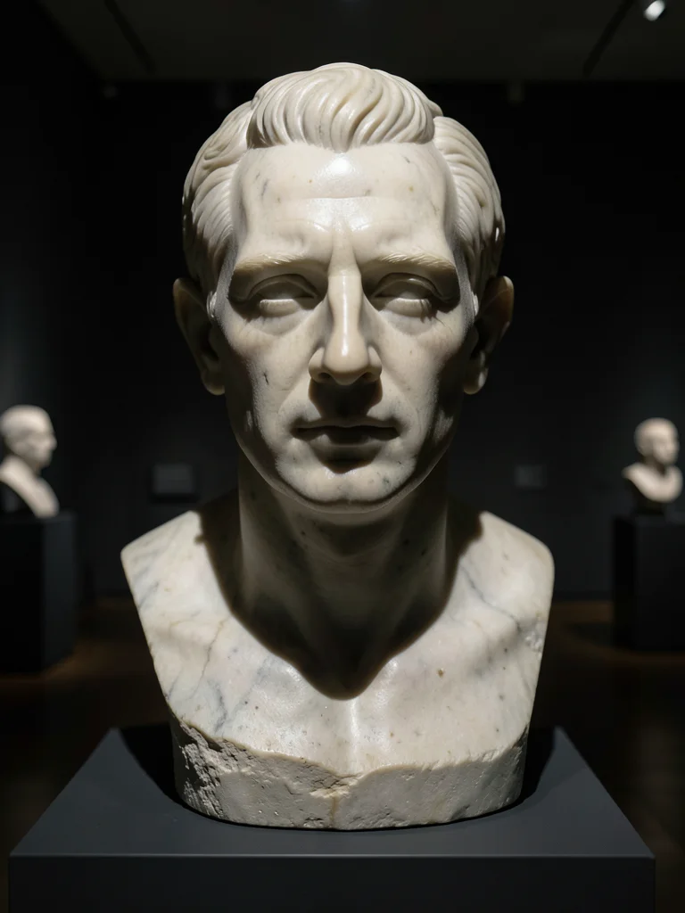 A self-portrait bust of the sculptor, rough-tooled at the base, increasingly pol