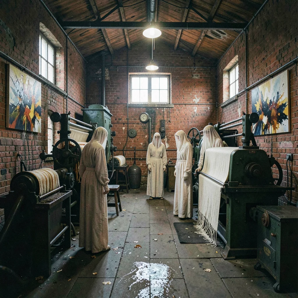 Textile factory ghosts in industrial Łódź, mechanical press room, oil stains lik