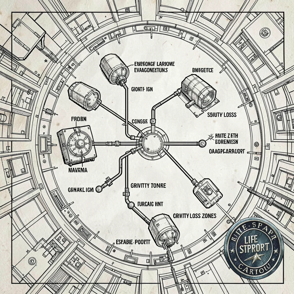 A space-station emergency-evacuation route diagram with airlock paths, escape-po