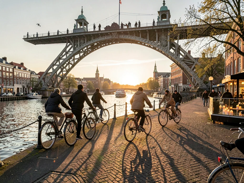 Bicycle rhythm through Copenhagen, the long shadows of cyclists on a bridge over