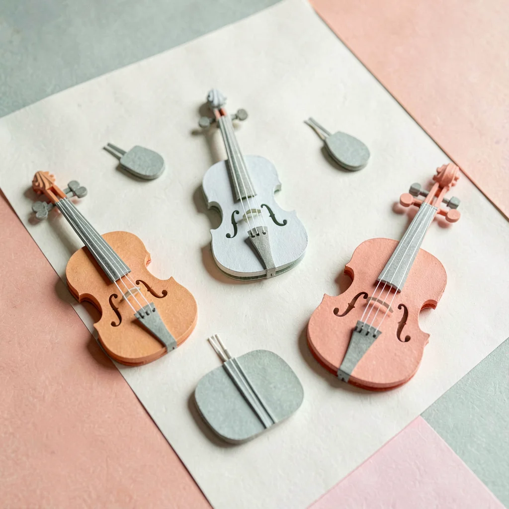 Papercraft composition of layered paper-cut musical instruments across cream pap