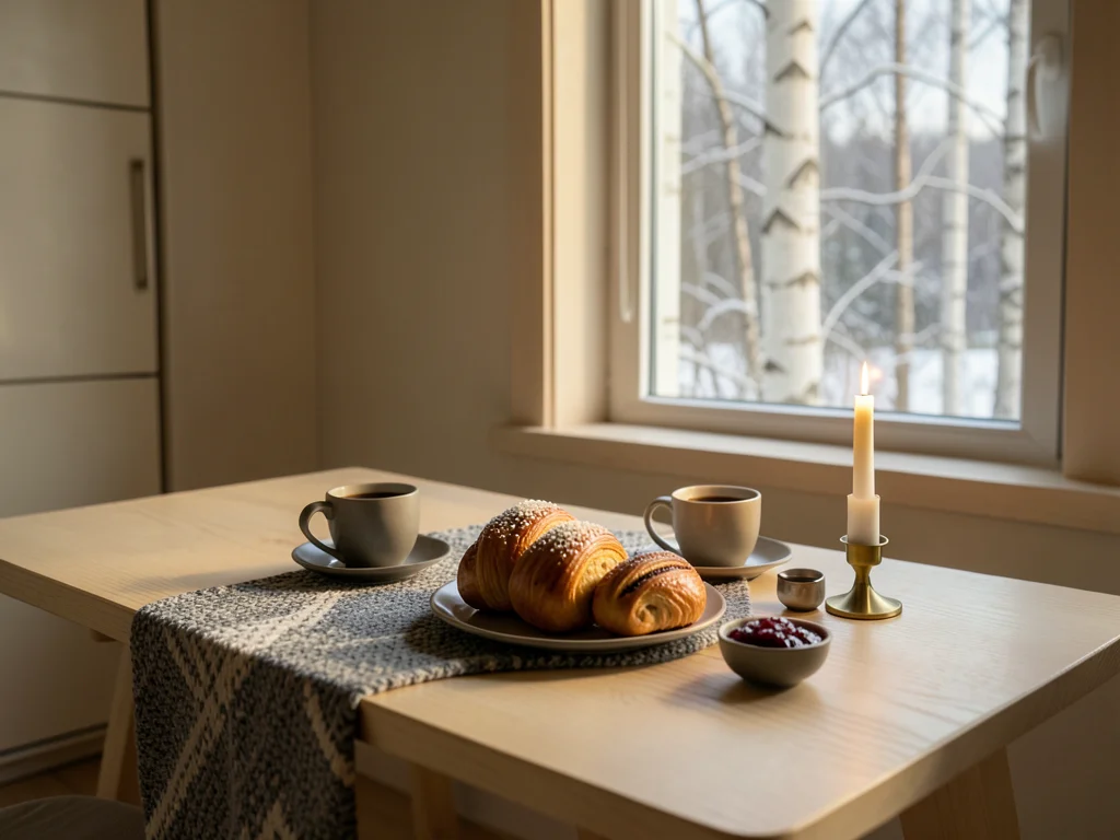 A kitchen table in a Scandinavian winter cabin during an afternoon fika, two cup