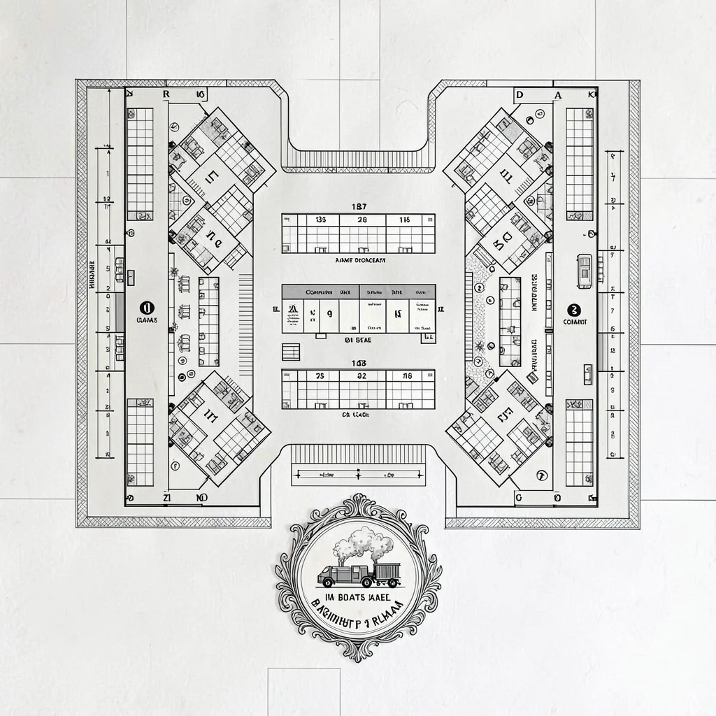 A modern train-station concourse plan with platform numbers, ticketing halls, ca