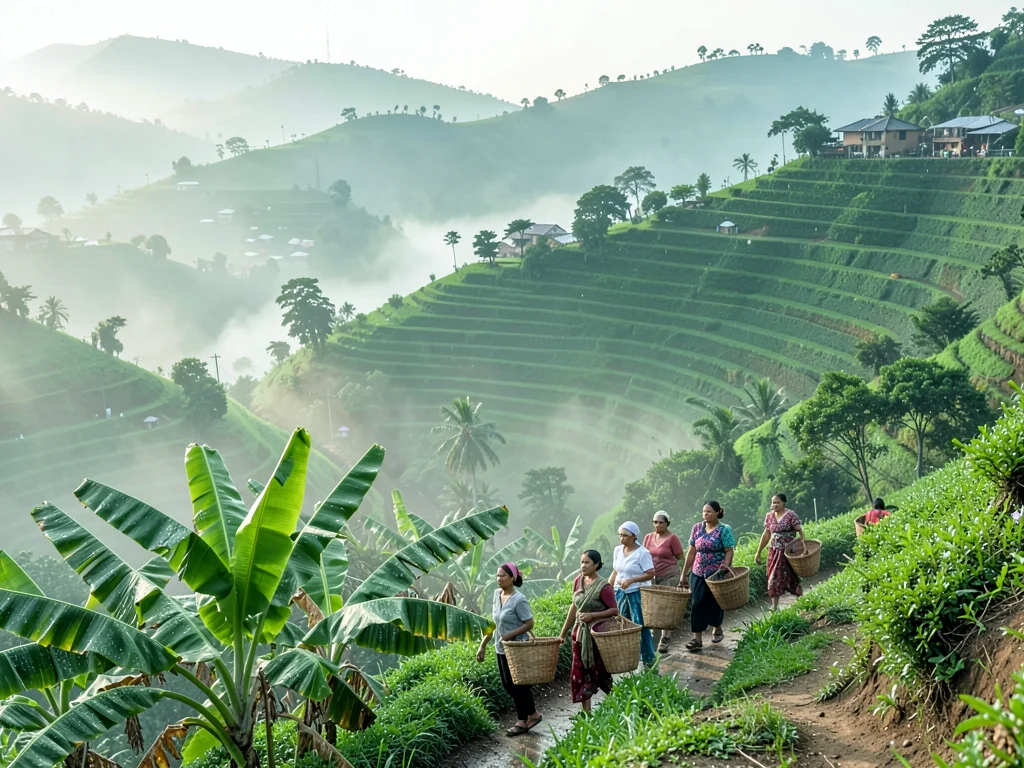 Emerald green hills through morning mist in Kigali, Rwanda, Women carrying baske