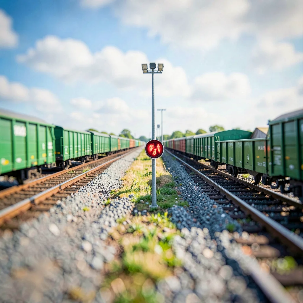 Marshalling yard tilt-shift photograph from a tall floodlight pole, saturated em