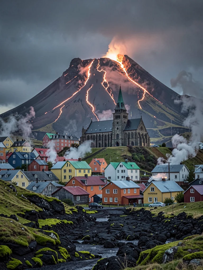 Volcanic otherworldly light in Iceland, Hallgrimskirkja church rising above colo