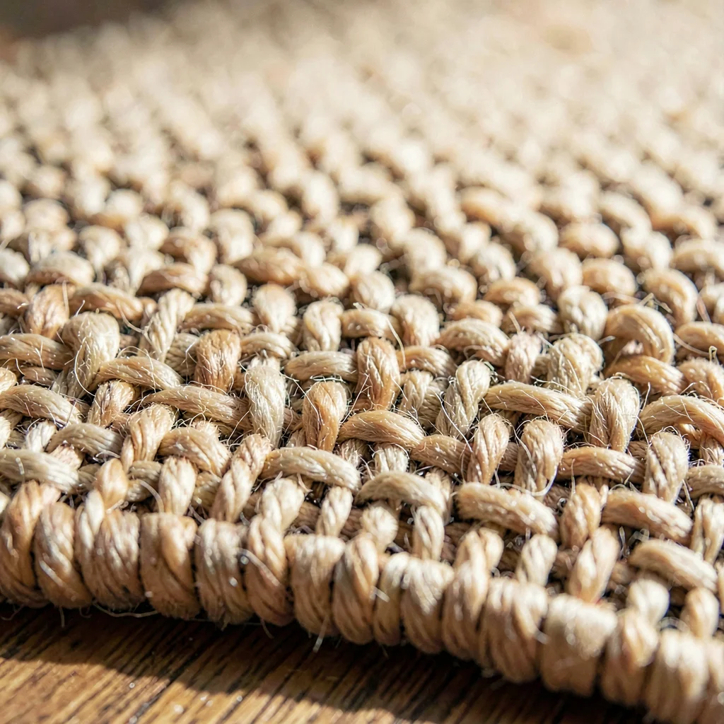 Mineral macro of a rug back showing knot density and warp threads, soft directio