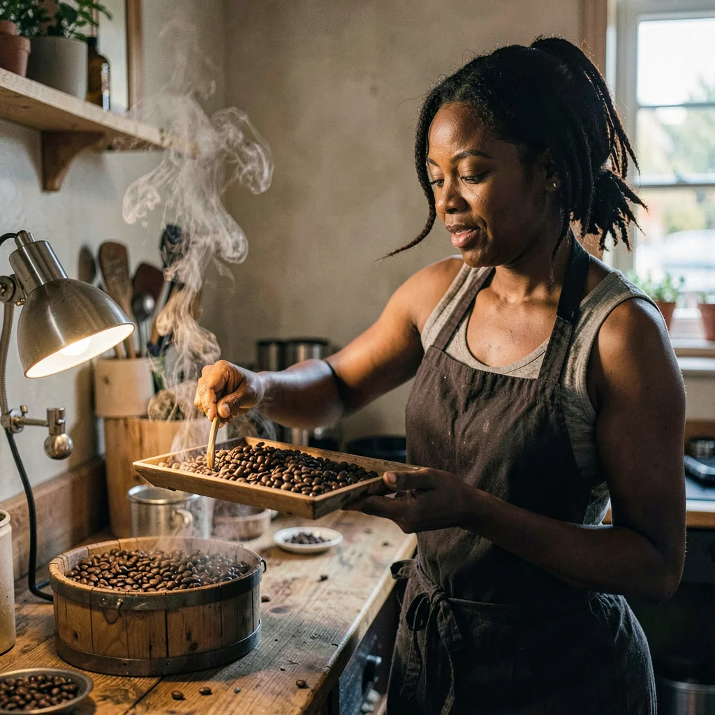 A patient Black coffee-roaster in her thirties pulling a tray of beans from a sm