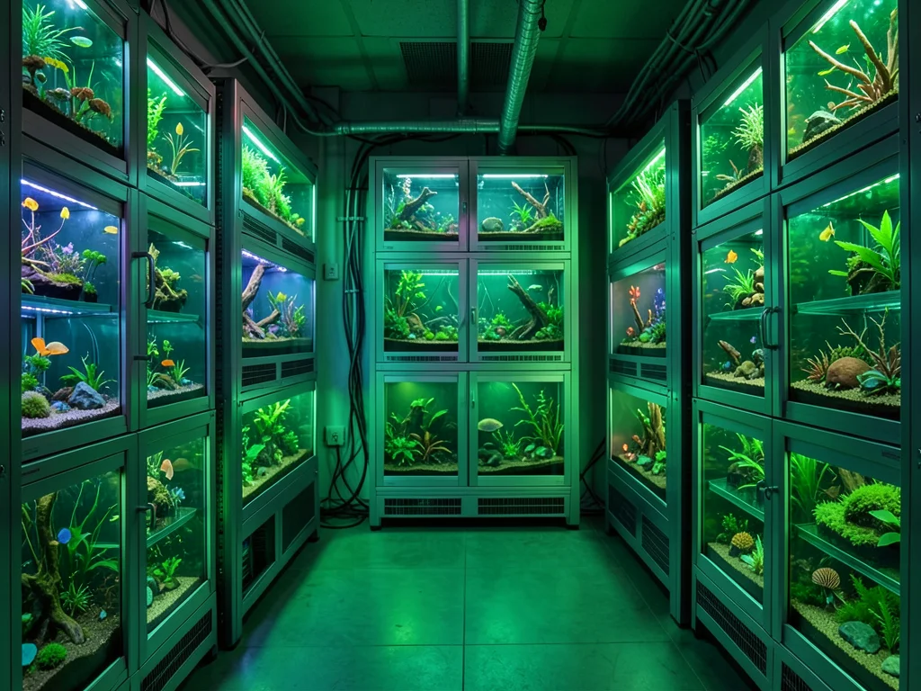 Server room but servers are terrariums, each rack a different biome, green light