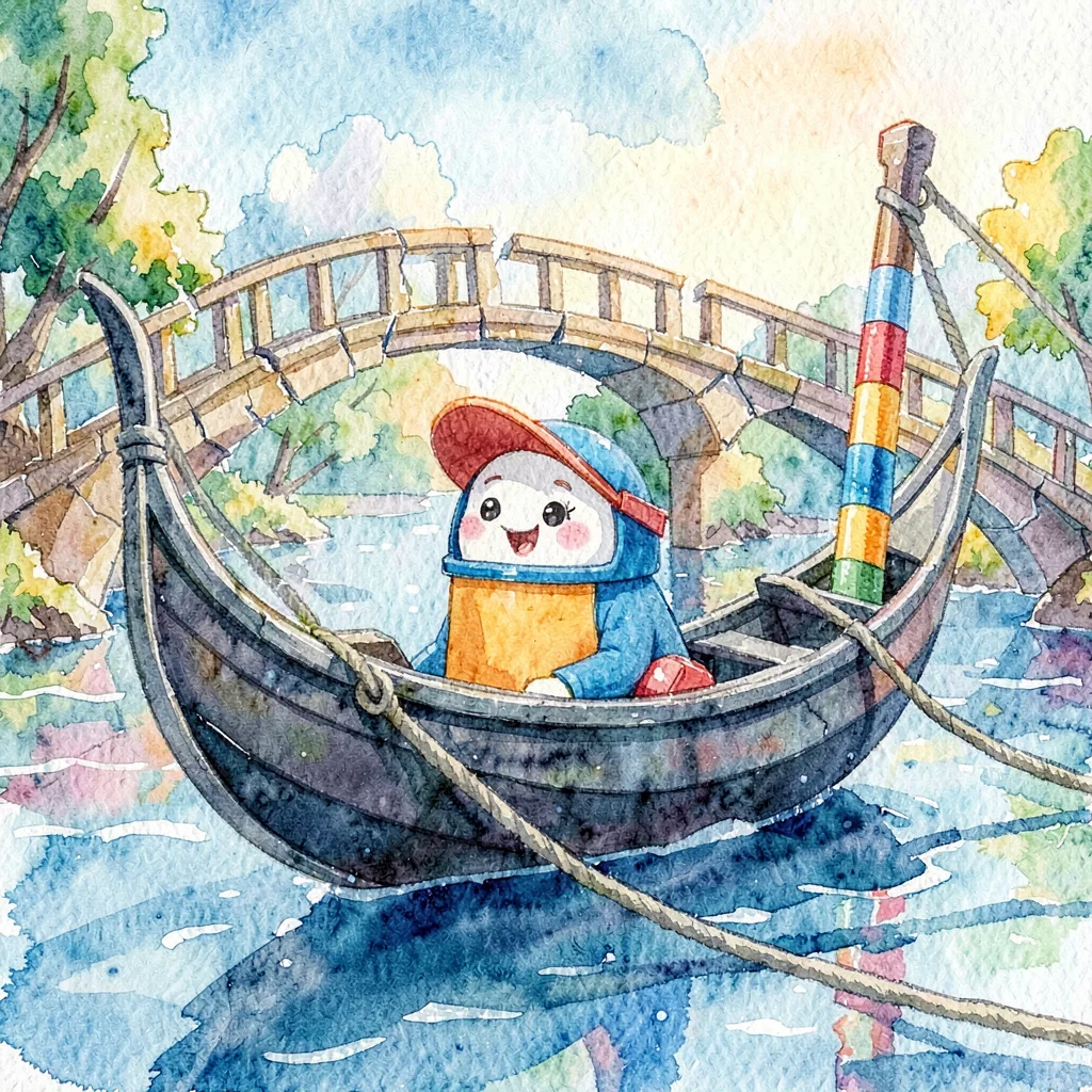 A friendly gondola gliding past torn-paper bridges with a crayon striped pole tu
