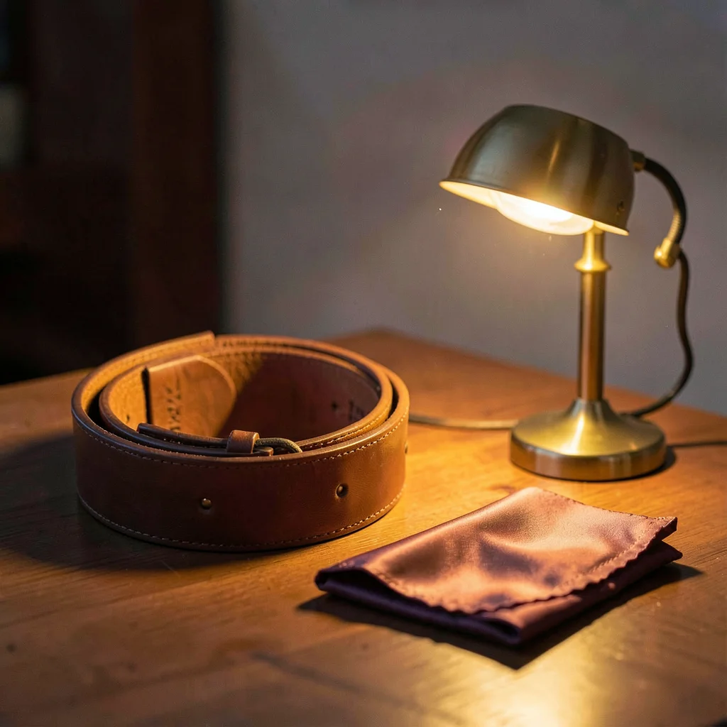 Warm twilight hero of a coiled bridle leather belt beside a folded silk pocket s