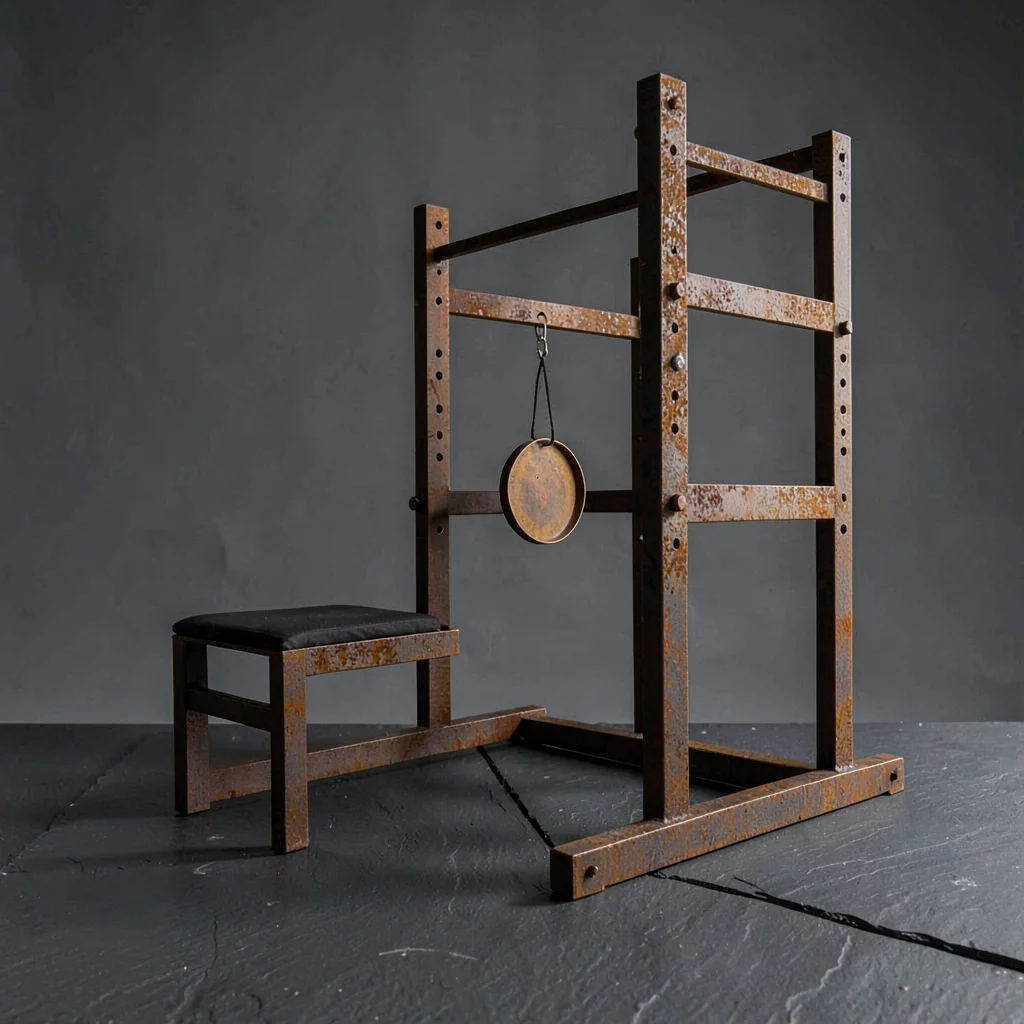 Geometric squat rack reduced to silhouette and accent plate, warm rust on dark s