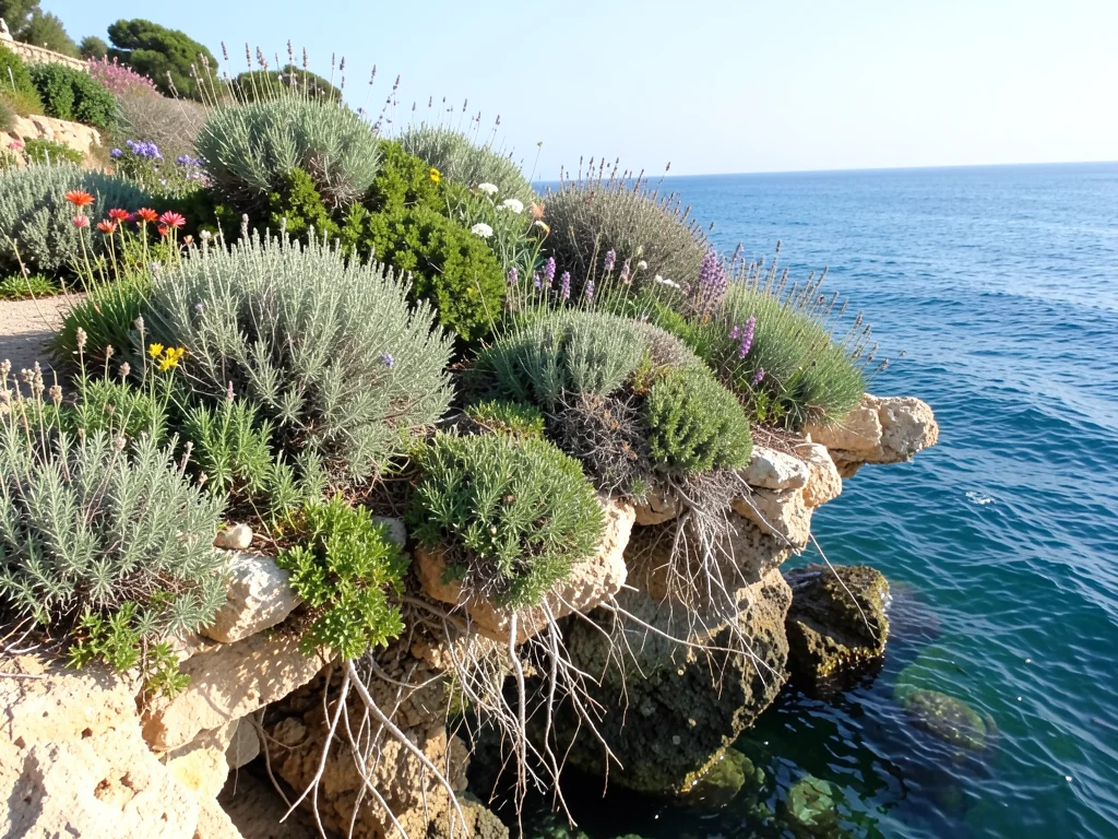 Mediterranean herb garden on seaside cliff, roots visible growing through rock i