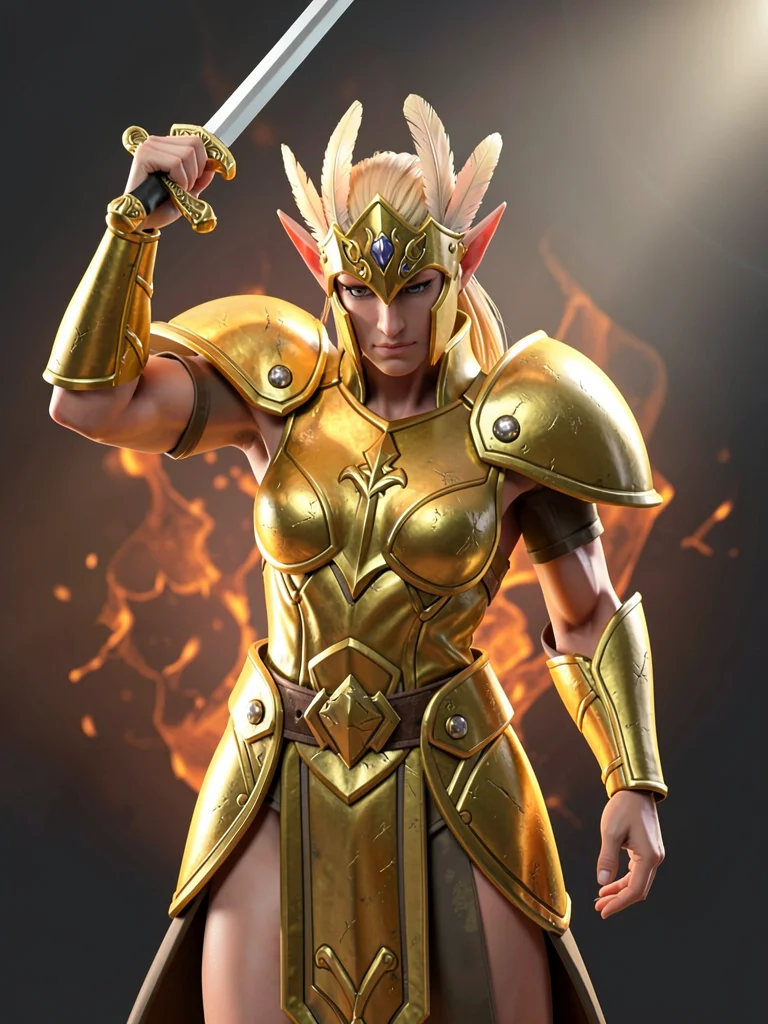 Helm-down sun-elf paladin in radiant-gold plate with feathered crest, longsword 