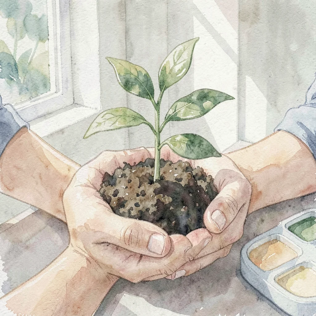 Painterly onboarding illustration of a pair of hands cupping a small sprouting p