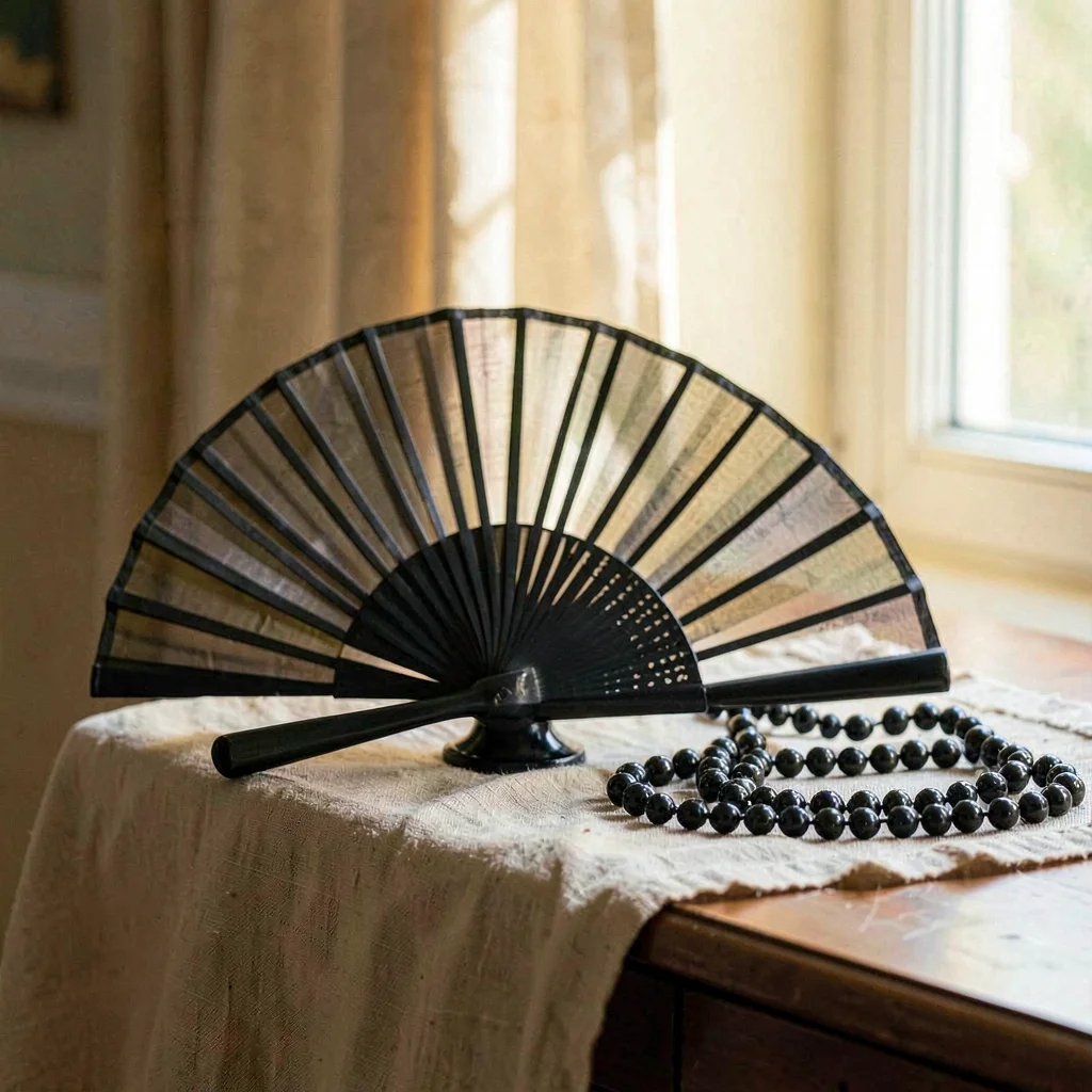 Warm linen vignette of a black mourning fan and a string of jet beads on a side 